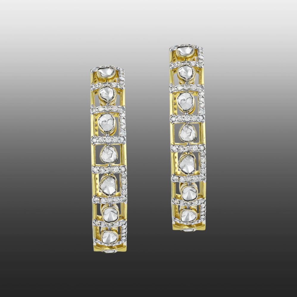 Polki Hoop Earrings with Geometric Linear Design